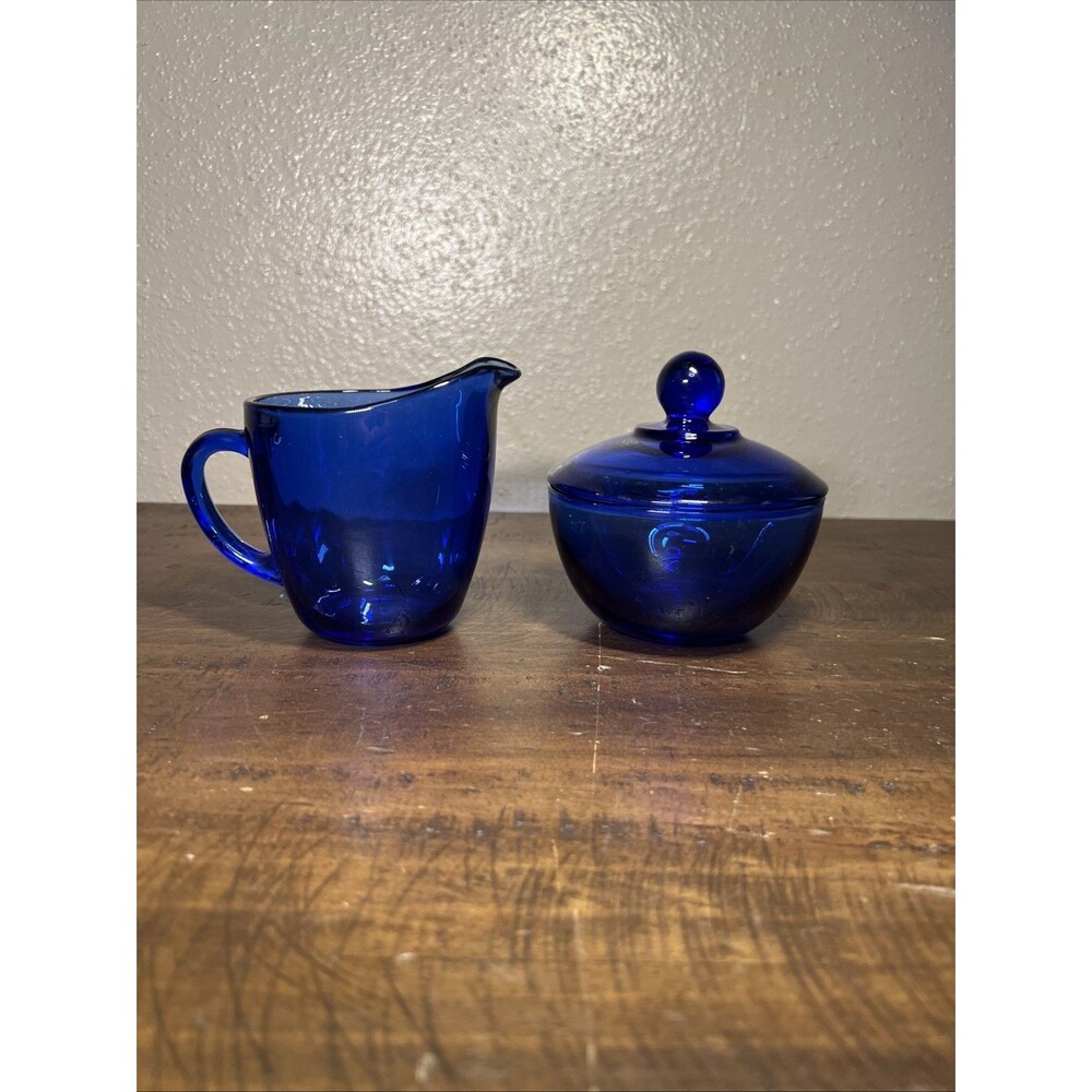 Vintage Anchor Hocking Cobalt Blue Glass Cream & Sugar Set With Lid
